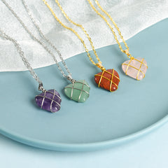 Crystal Wire-Wrapped Heart Tumbled Stone Pendant
