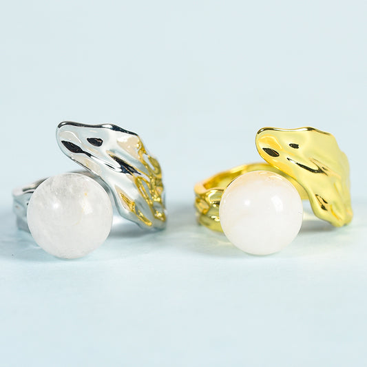 Leaf Crystal Natural Stone Round Bead Adjustable Ring