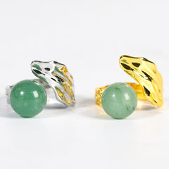 Leaf Crystal Natural Stone Round Bead Adjustable Ring