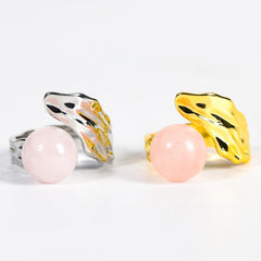 Leaf Crystal Natural Stone Round Bead Adjustable Ring